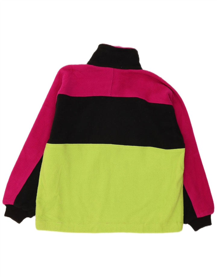 vintage Mens Zip Neck Fleece Jumper Moyen Vert Colorblock Polyester