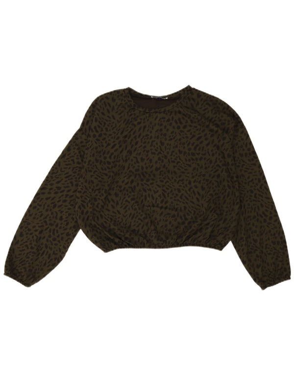 Zara Womens Trafaluc Blouse à manches longues Top UK 16 Grand imprimé animal vert