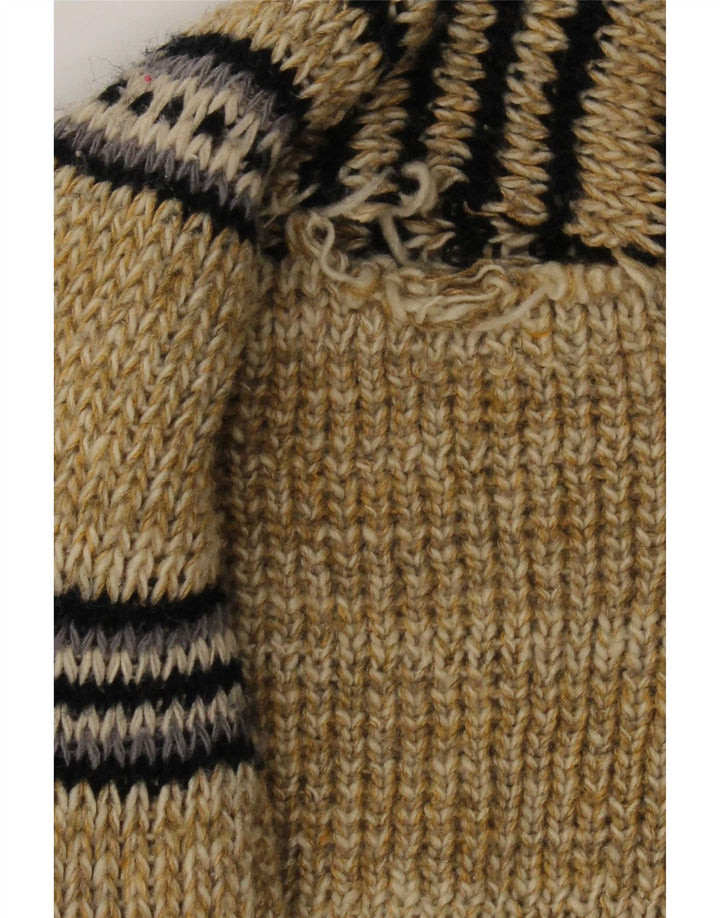 Vintage Mens Graphic Open Cardigan Pull Beige Moyen Colorblock