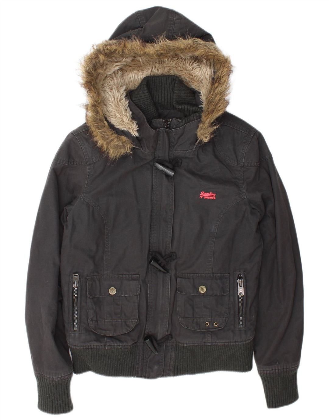 Superdry Veste bomber à capuche pour femme UK 16 Large Gris Coton