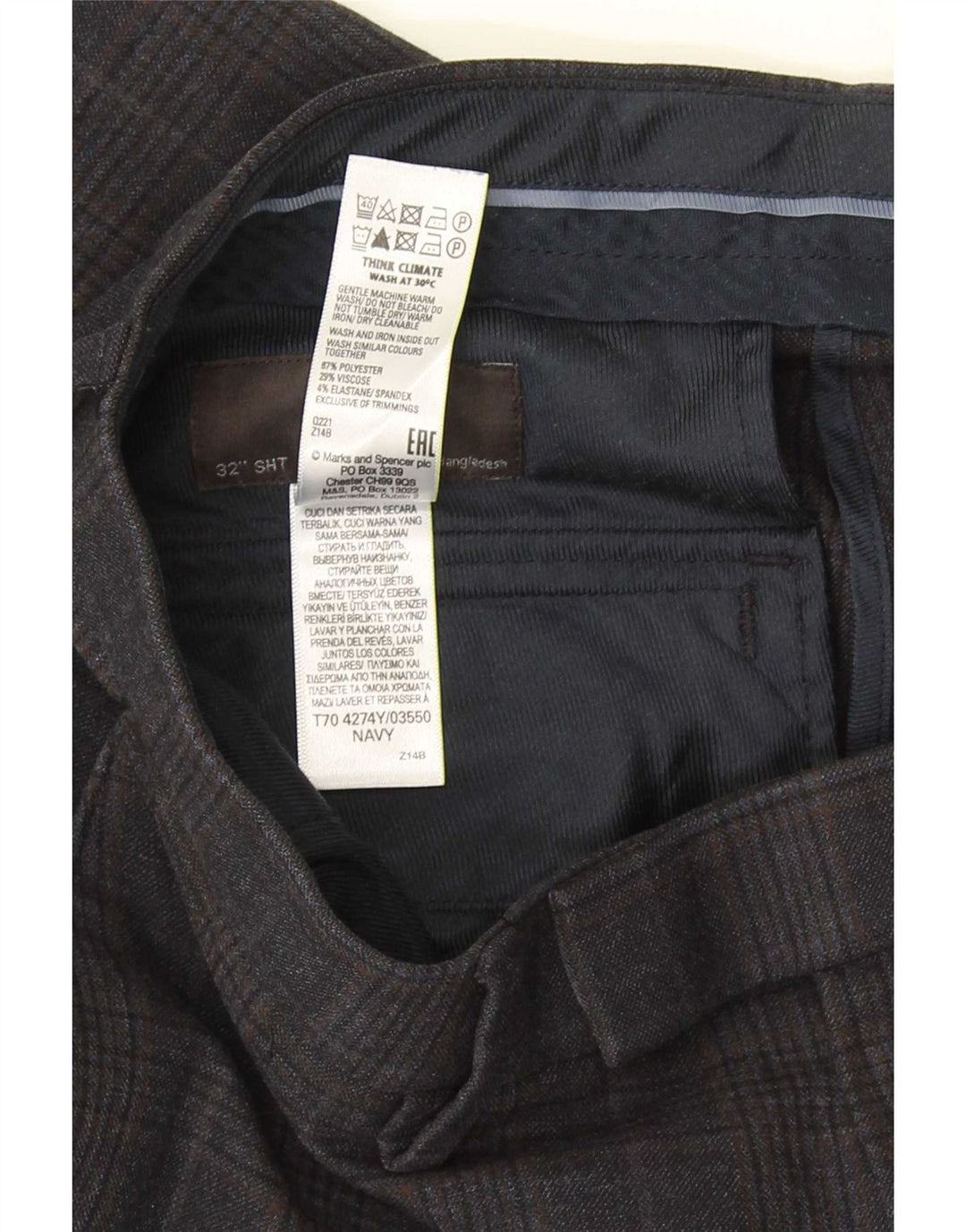 Marks & Spencer Pantalon de costume coupe classique pour homme W32 L29 Bleu marine à carreaux