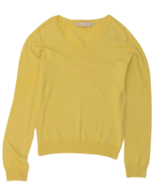 Zara Pull col V pour femme UK 12 en coton jaune moyen