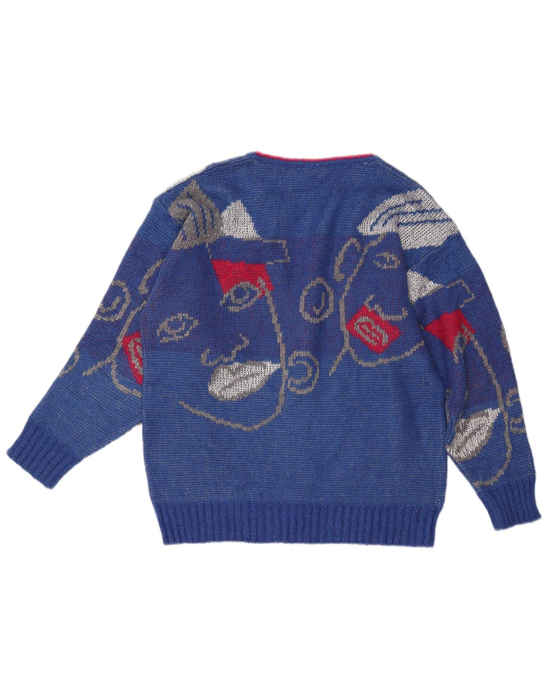 VINTAGE Pull graphique col en V pour femme UK 16 Grand Bleu