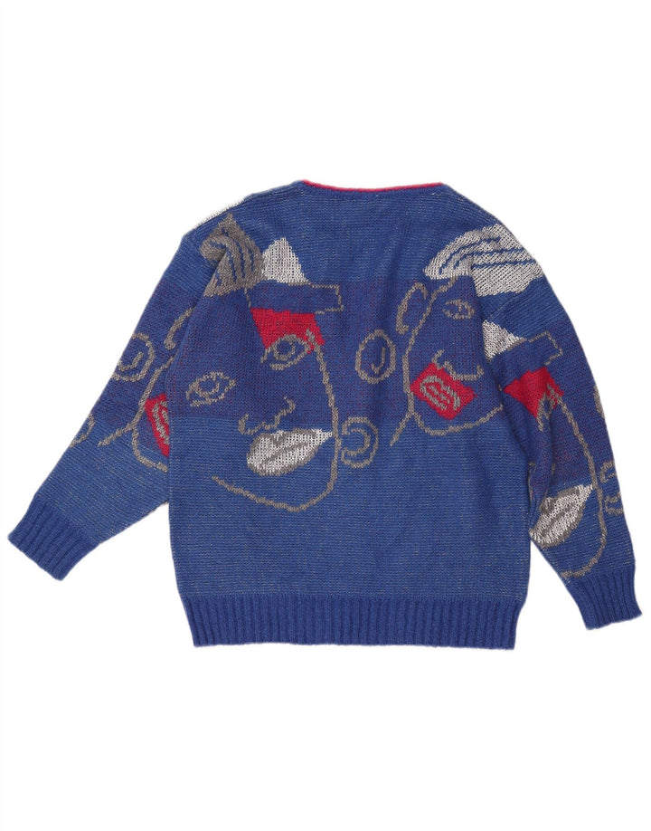 VINTAGE Pull graphique col en V pour femme UK 16 Grand Bleu