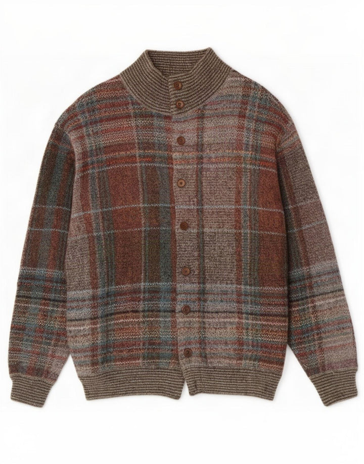 vintage Mens Cardigan Sweater IT 52 Grande laine à carreaux multicolores