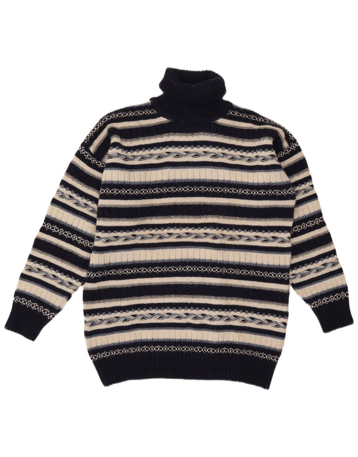 vintage Mens Roll Neck Jumper Pull Moyen Bleu Marine Rayé Laine