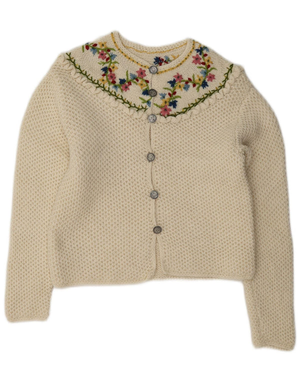 vintage Femme Cardigan Pull UK 8 Petit Off White Floral