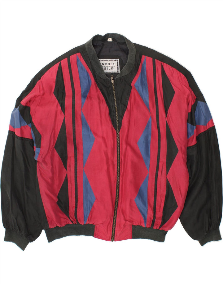 VINTAGE Homme Loose Fit Bomber Jacket UK 38 Moyen Noir Géométrique Soie