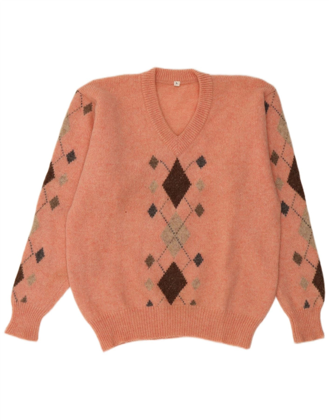 vintage Mens V-Col Jumper Pull Grand Orange Argyle/Diamant