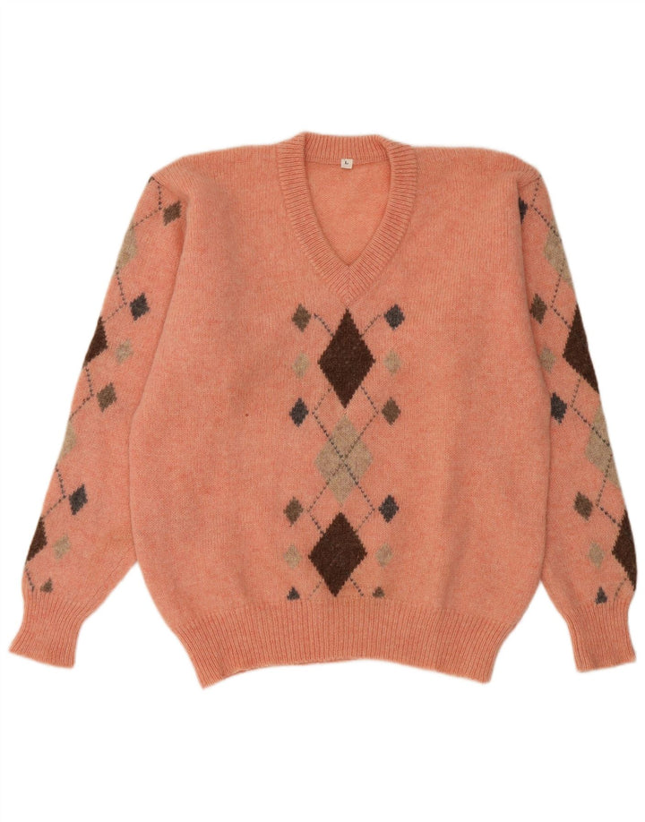 vintage Mens V-Col Jumper Pull Grand Orange Argyle/Diamant