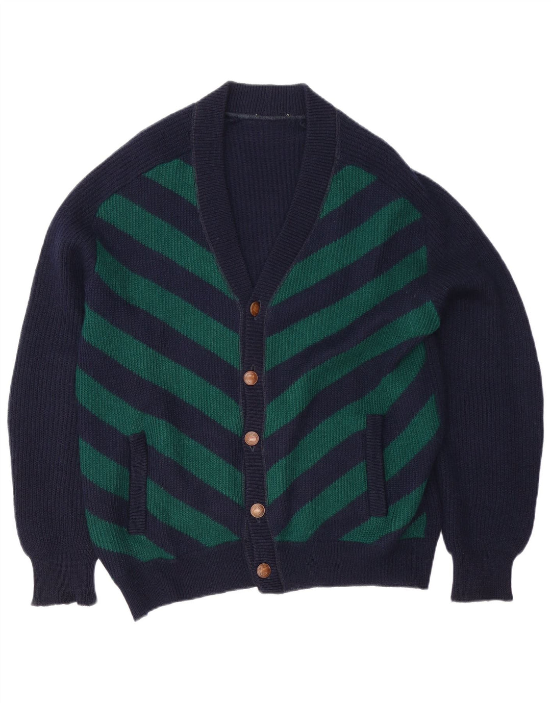 vintage Homme Cardigan Pull XL Bleu Marine Rayé