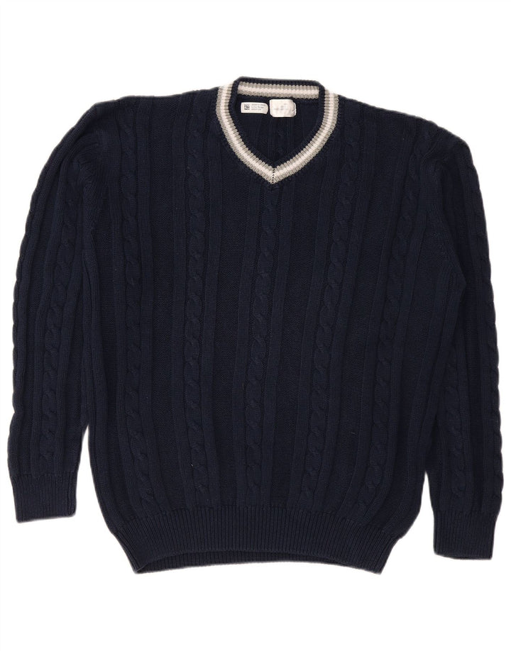 VINTAGE Homme Col V Pull Pull Grand Bleu Marine Coton