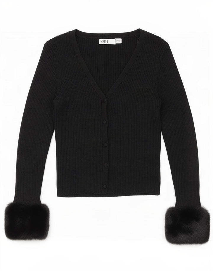 Zara Womens Crop Cardigan Pull UK 12 Moyen Noir