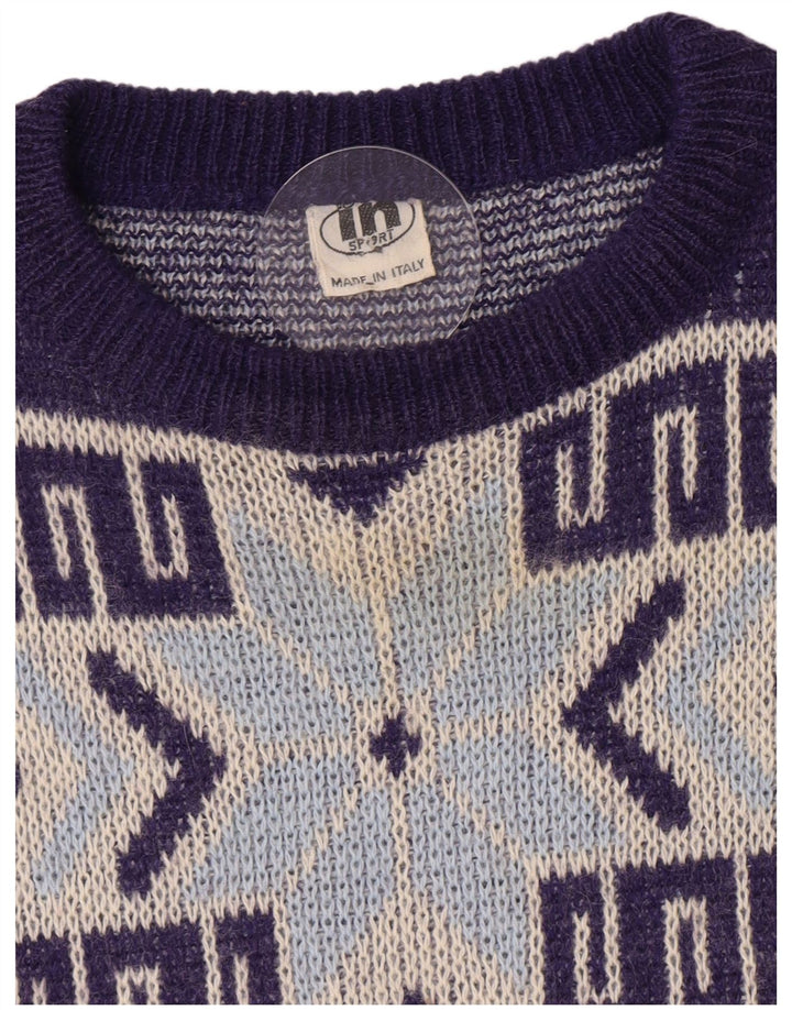 vintage Mens Crew Neck Jumper Pull Moyen Bleu Marine Géométrique
