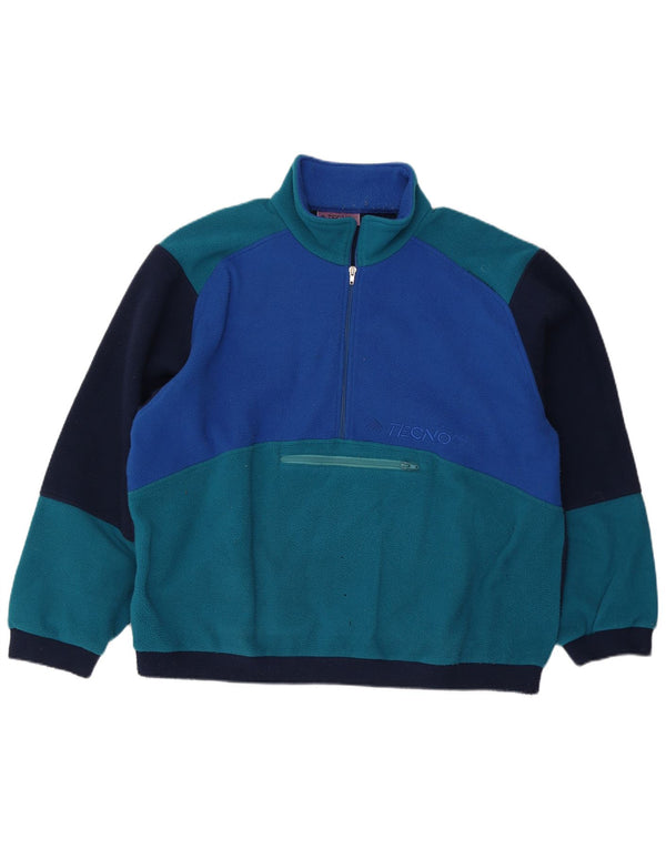 Vintage Mens Zip Neck Fleece Jumper 2XL Bleu Colorblock