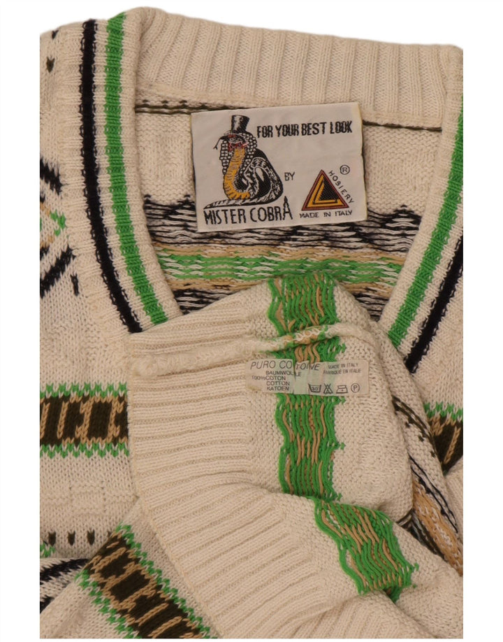 vintage Mens V-Col Jumper Pull Moyen Blanc Géométrique Coton