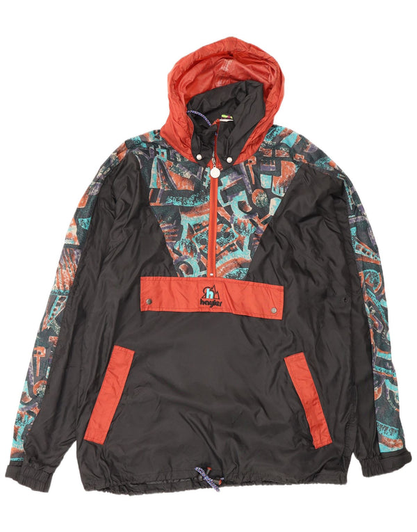 vintage Mens Hooded Anorak Rain Jacket UK 38 Moyen Noir Géométrique