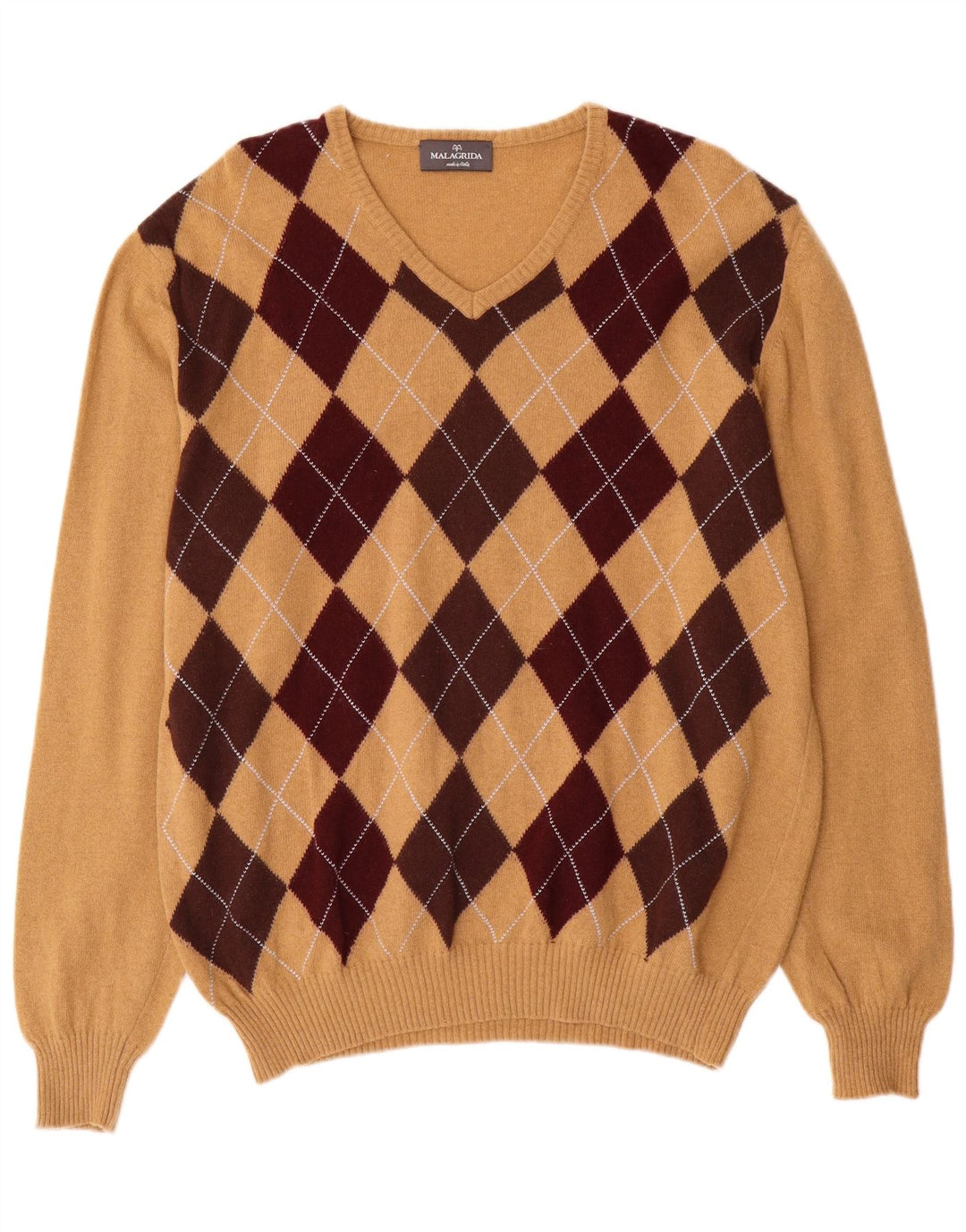 Malagrida Pull Col V Homme XL Beige Argyle/Diamant Laine