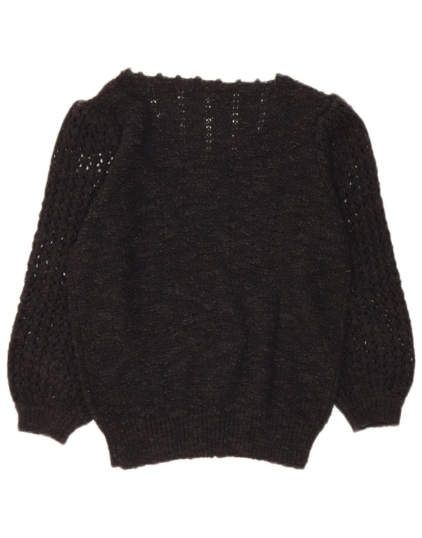 vintage Femmes 3/4 Manches Crew Neck Jumper Pull UK 14 Moyen Noir