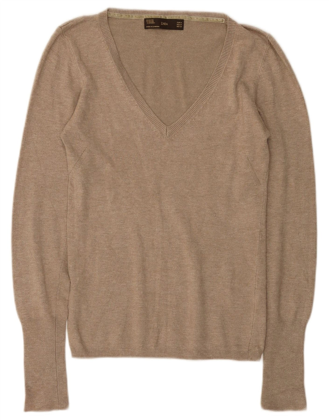 Zara Pull col V pour femme UK 12 Rayonne beige moyen