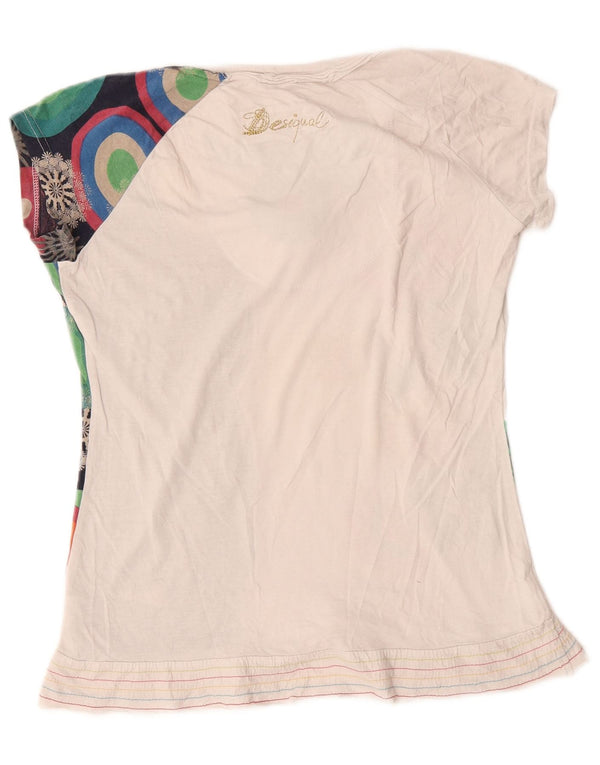 Desigual Femmes Graphique T-Shirt Top UK 14 Grand Blanc Floral Coton