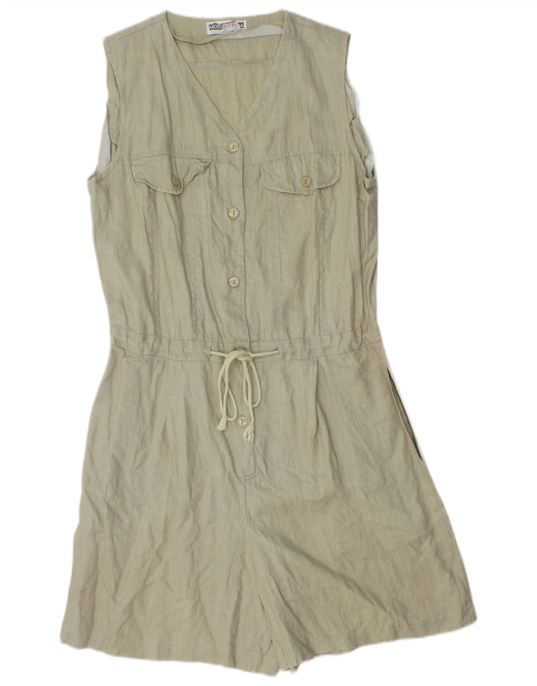 vintage Femme Combishort sans manches UK 12 Lin kaki moyen