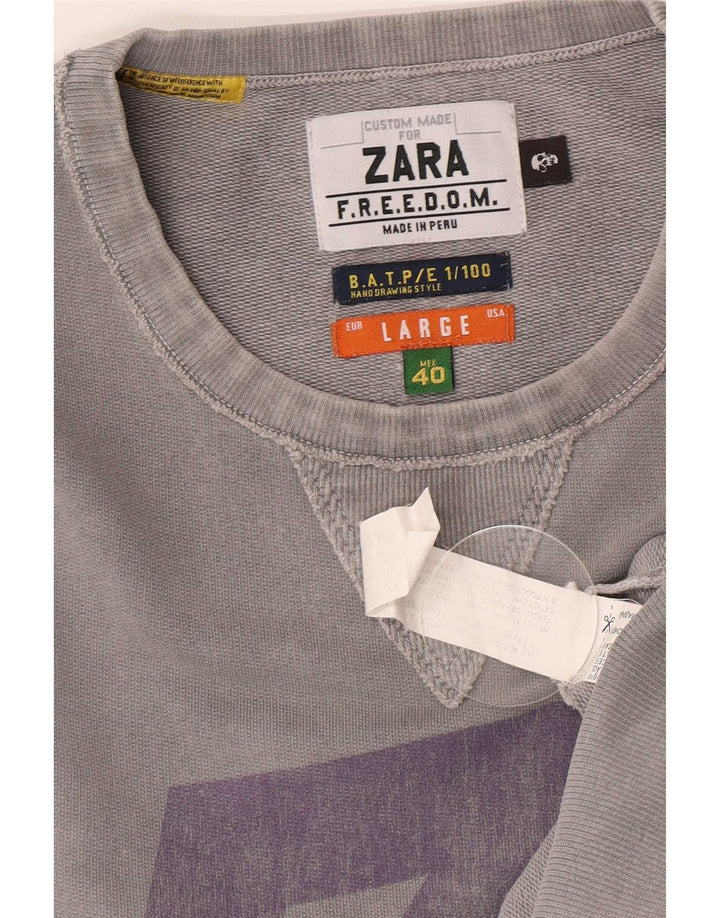 Zara Mens Graphic Sweatshirt Jumper Grand Gris Coton