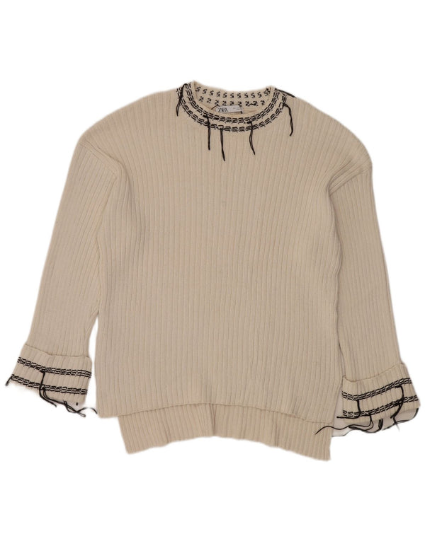 Zara Pull surdimensionné à col rond pour femme UK 16 Grand coton blanc cassé
