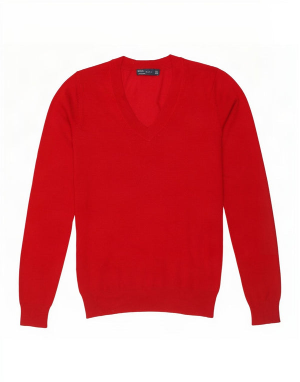 Zara Pull col V pour femme UK 16 Large Rouge Viscose