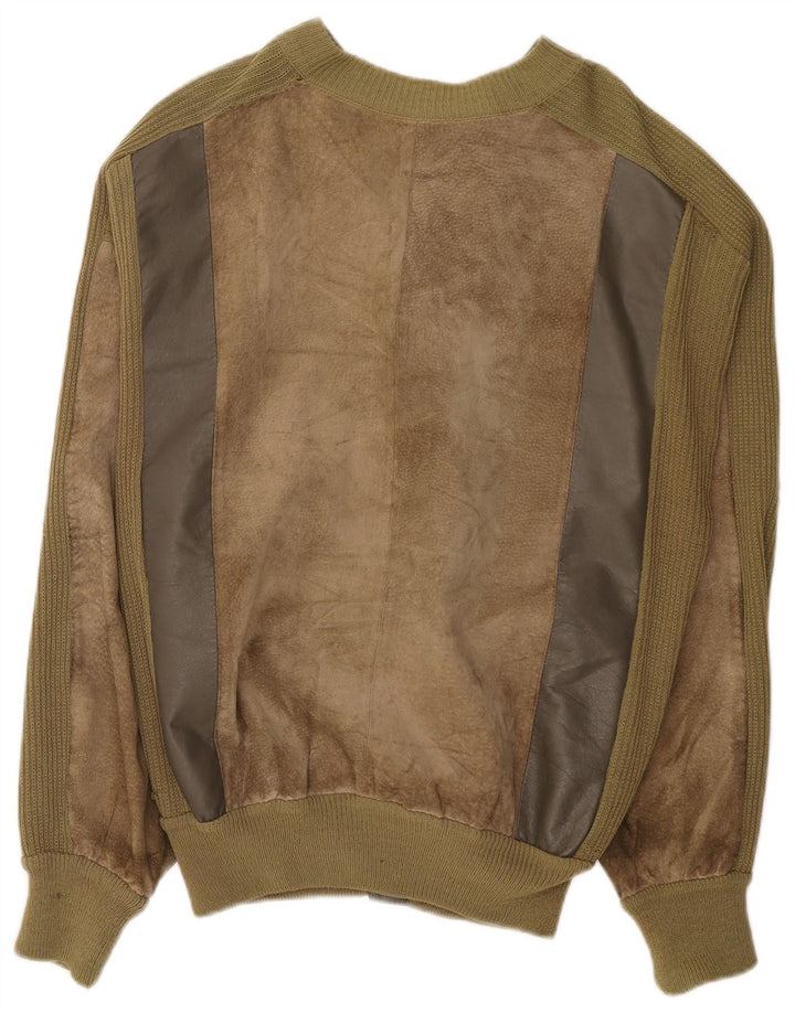 vintage Mens Suede Bomber Jacket UK 38 Moyen Kaki Colourblock Cuir