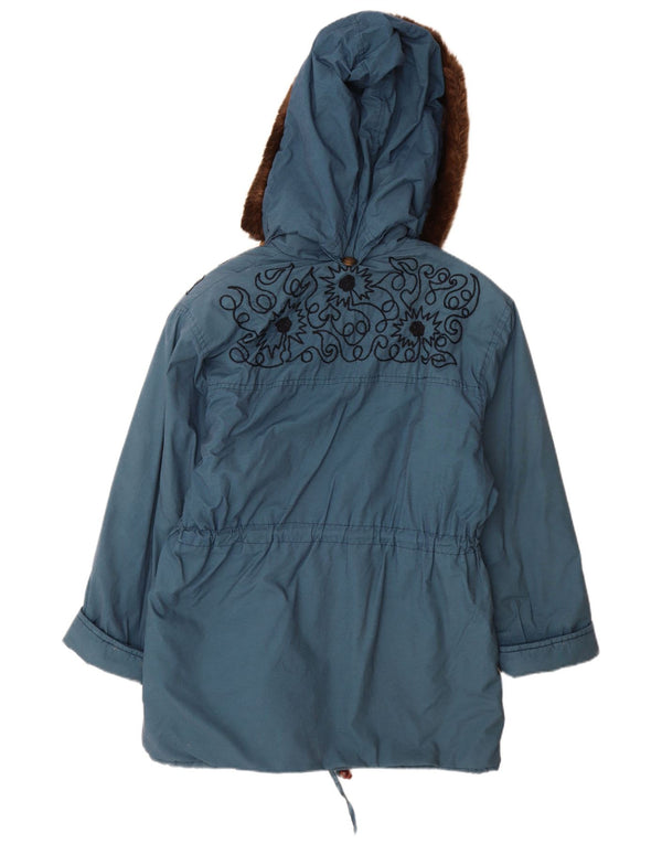 vintage Femmes À Capuchon Surdimensionné Coupe-Vent Manteau UK 10 Petit Bleu Floral