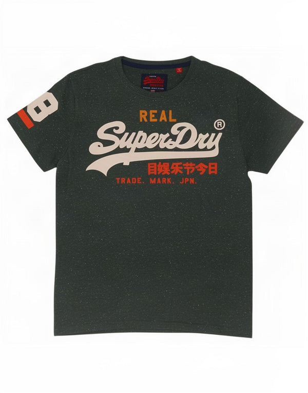 Superdry Homme T-Shirt Graphique Top Large Vert Moucheté Coton