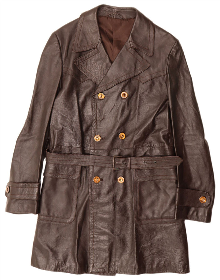 vintage Homme Cuir Double Breasted Manteau UK 36 Petit Marron