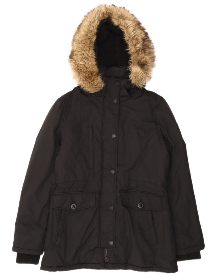 Superdry Parka à capuche pour femme UK 12 Medium Noir Nylon