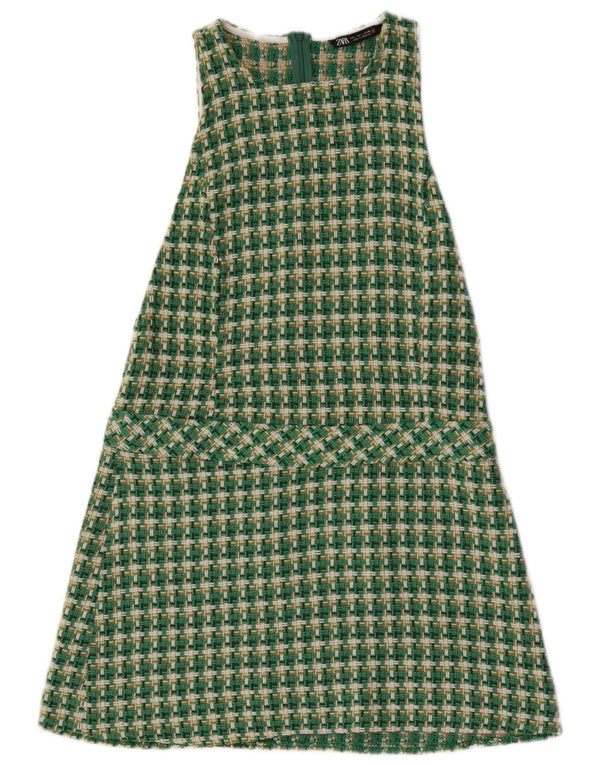 Zara Robe trapèze sans manches pour femme UK 16 Grand pied-de-poule vert
