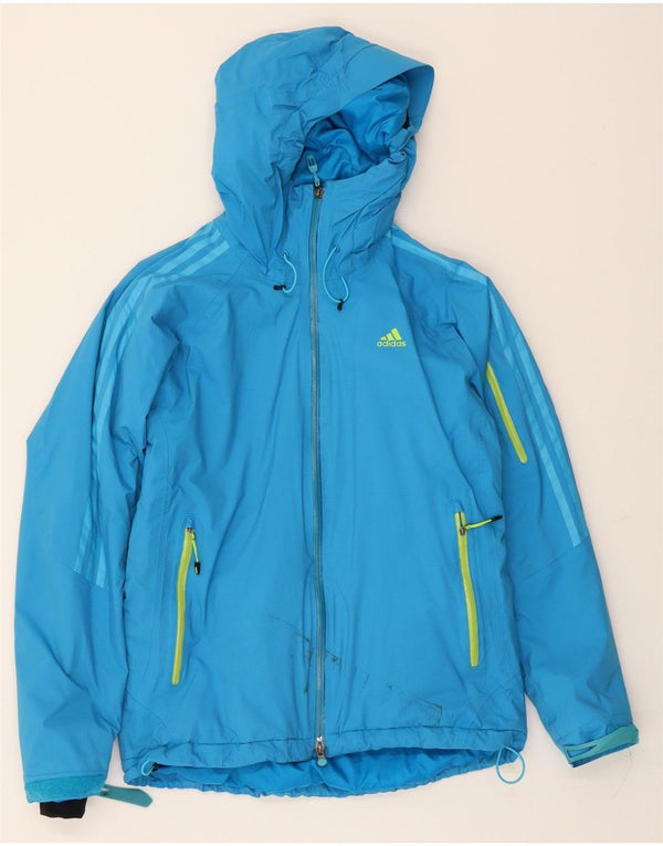ADIDAS Womens Graphic Hooded Windbreaker Jacket UK 14 Large Blue Nylon