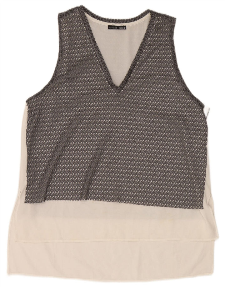 Zara Haut transparent sans manches pour femme UK 16 Large Gris Colorblock