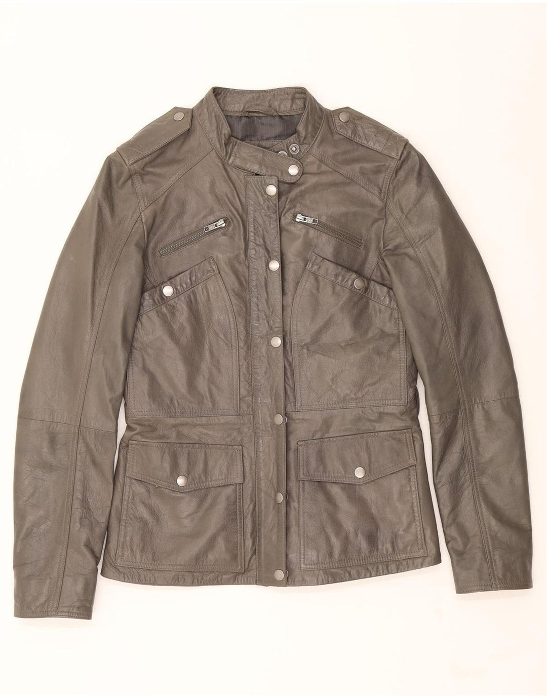 VINTAGE Womens Leather Jacket UK 12 Medium Grey Leather Vintage Vintage and Second-Hand Vintage from Messina Hembry 