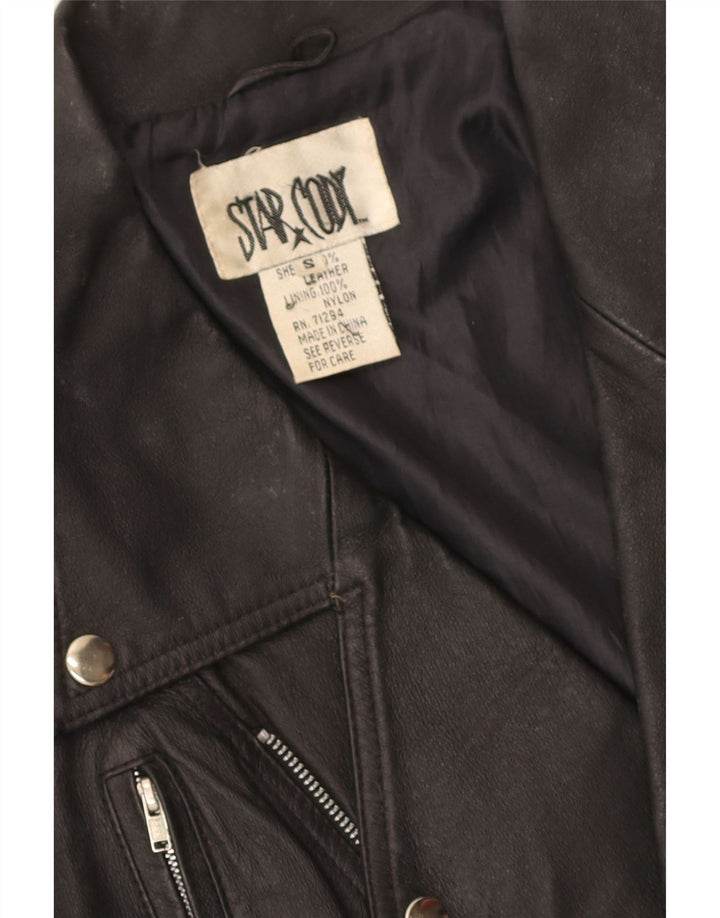 vintage Womens Crop Leather Biker Jacket UK 10 Petit cuir noir