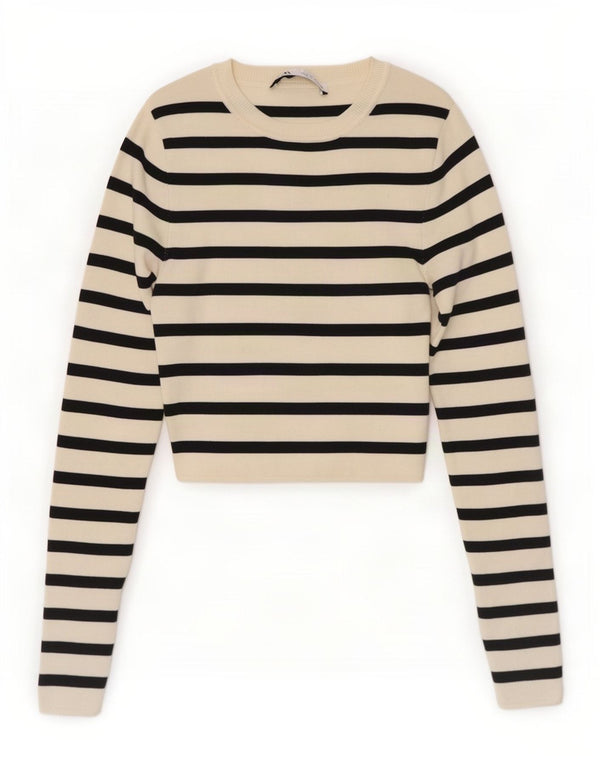 Zara Womens Crop Blouse Top UK 8 Petit Viscose Rayé Blanc Cassé