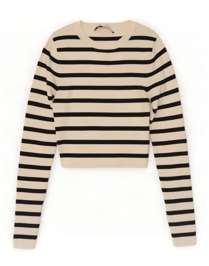 Zara Womens Crop Blouse Top UK 8 Petit Viscose Rayé Blanc Cassé