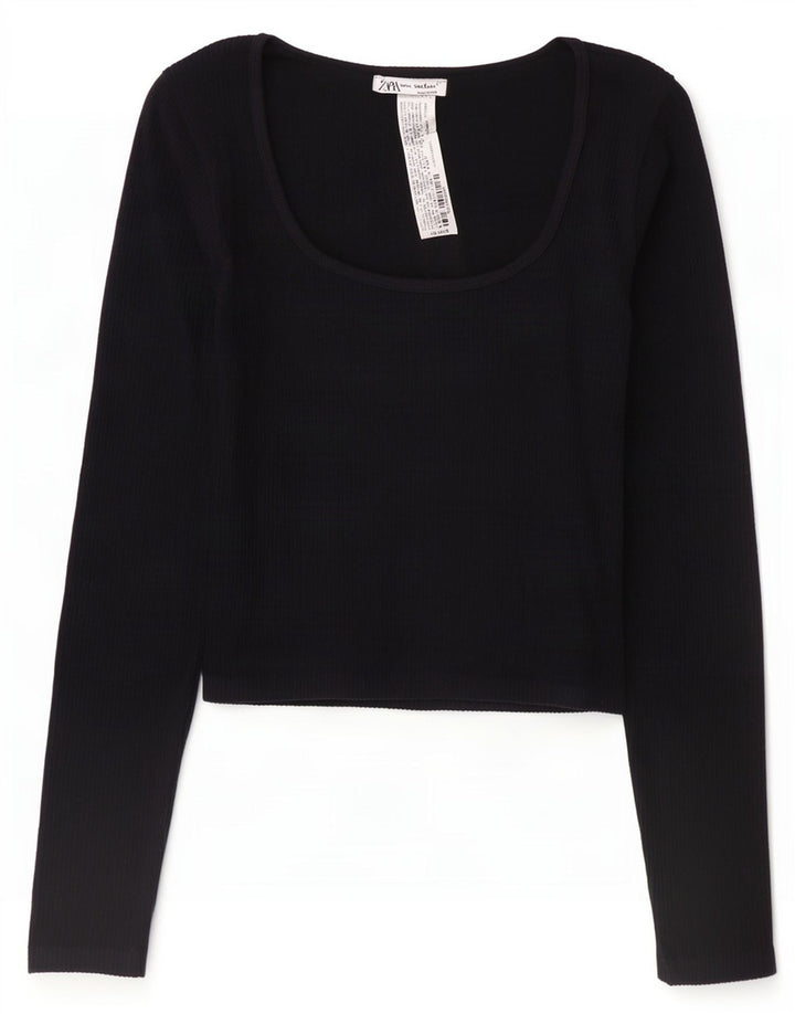 Zara Femme Crop Top Manches Longues UK 12 Medium Noir Polyamide