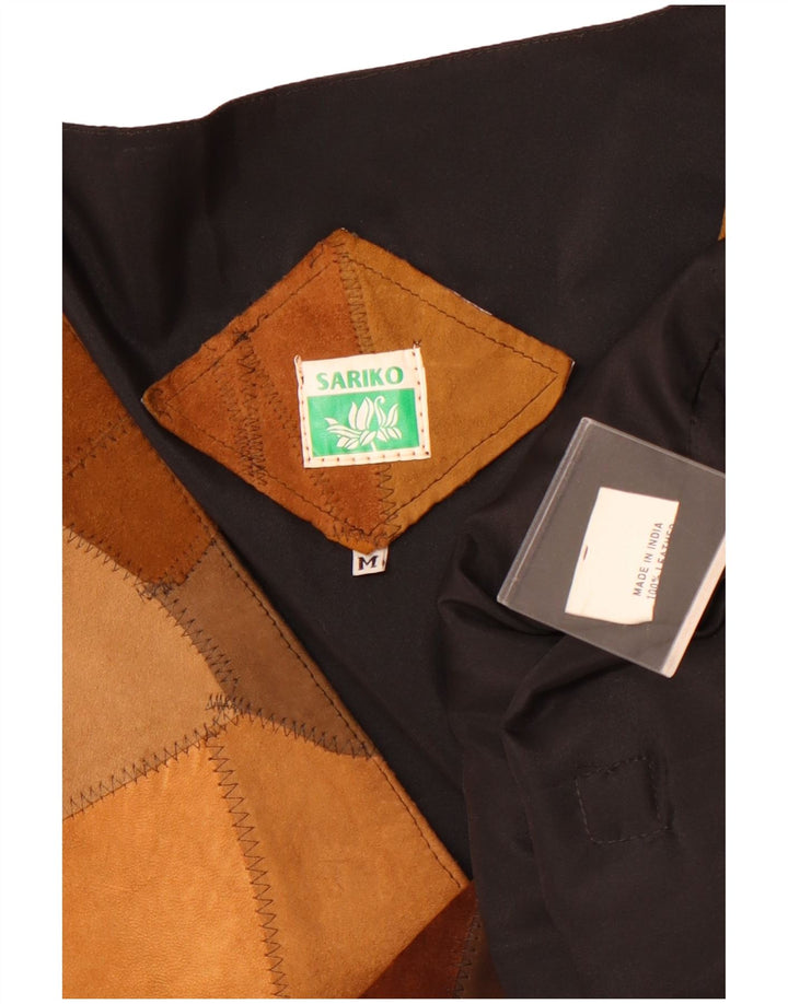 gilet en daim femme vintage UK 14 cuir patchwork brun moyen