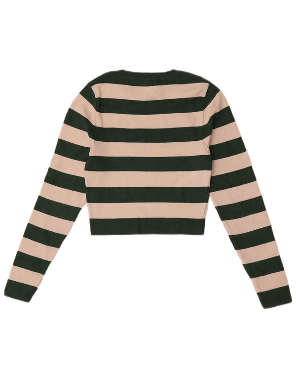 Zara Womens Crop Top Manches Longues UK 12 Viscose Rayé Vert Moyen