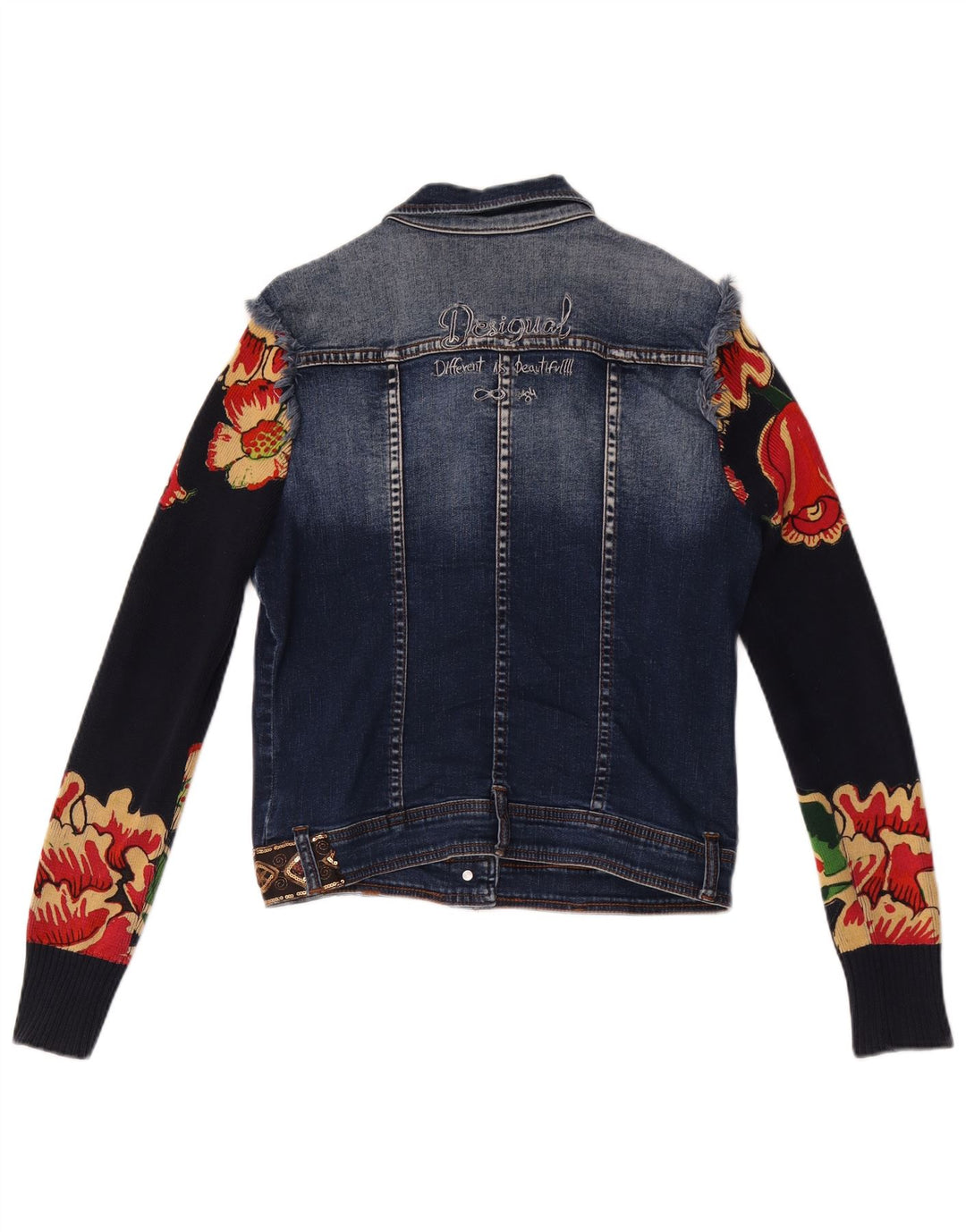 Desigual Veste en jean graphique pour femme EU 38 Bleu marine moyen en coton floral