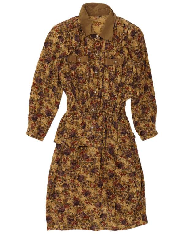 vintage Femme 3/4 Manches Peplum Robe UK 14 Grande Viscose Florale Kaki