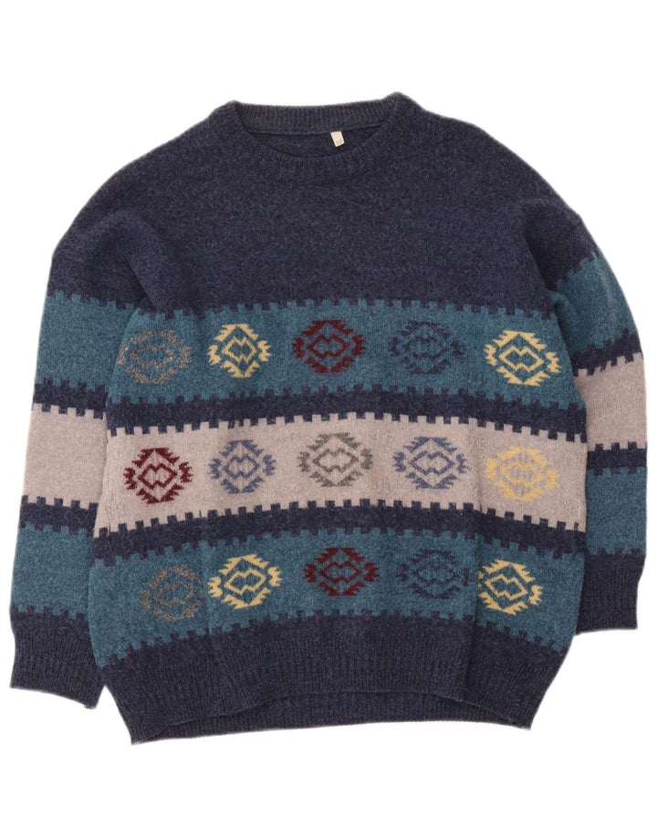 vintage Mens Crew Neck Jumper Pull IT 50 Moyen Bleu Marine Géométrique