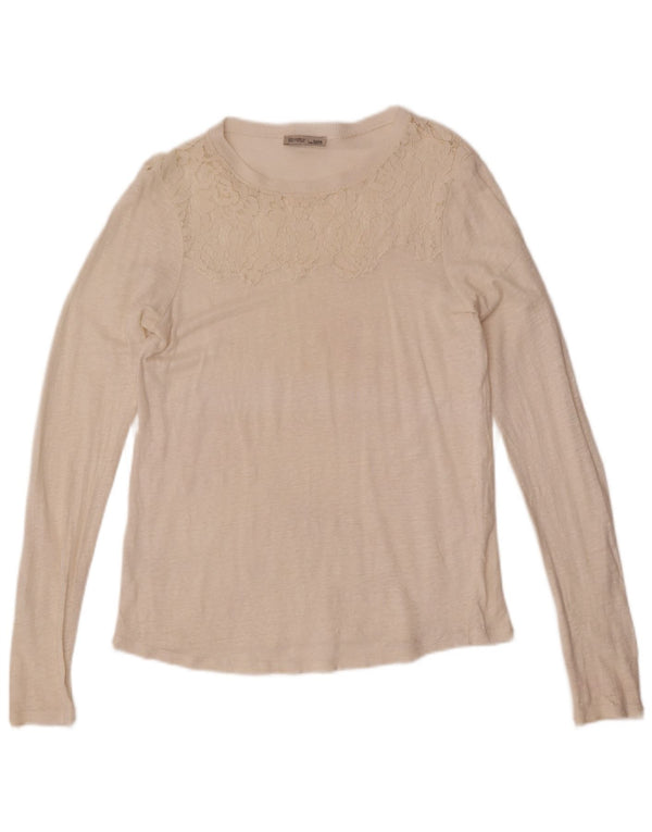 Zara Femme Top Manches Longues UK 12 Medium Off White Floral