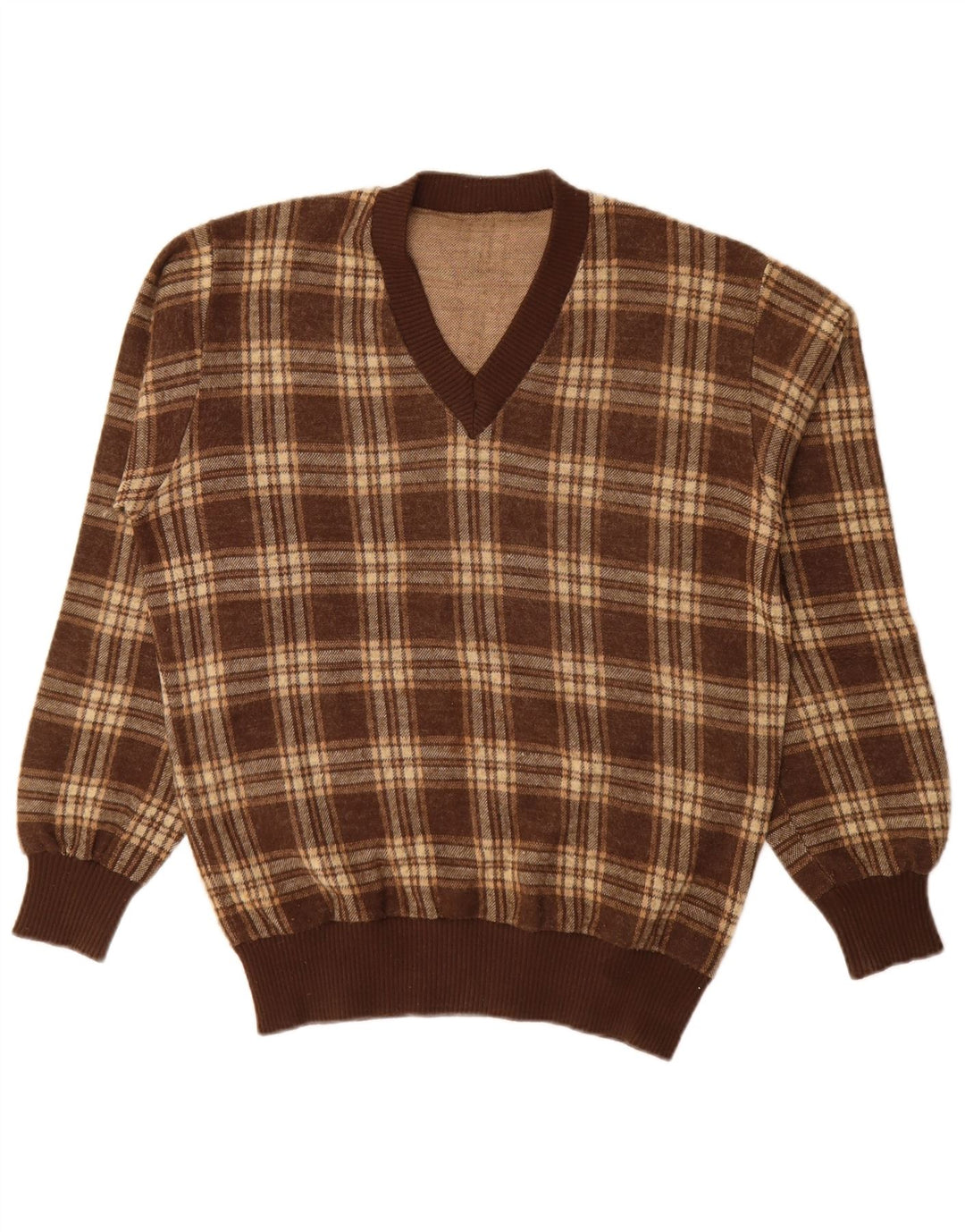 vintage Mens V-Col Jumper Pull Grand Marron Check Acrylique
