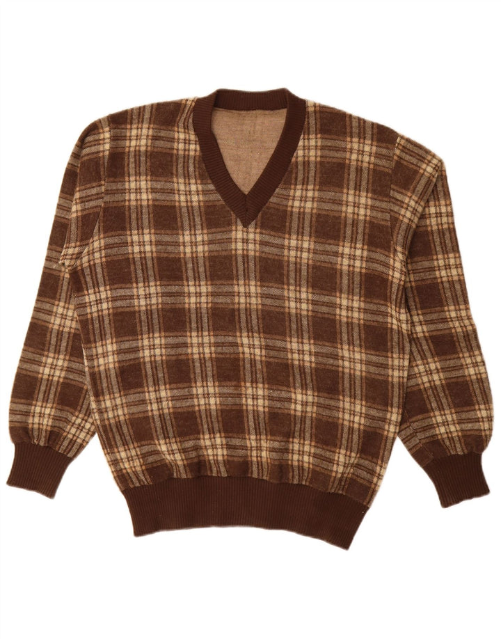 vintage Mens V-Col Jumper Pull Grand Marron Check Acrylique